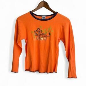 Vintage 90s Cute Tiger Long Sleeve Youth L USA Orange Kidcore Top